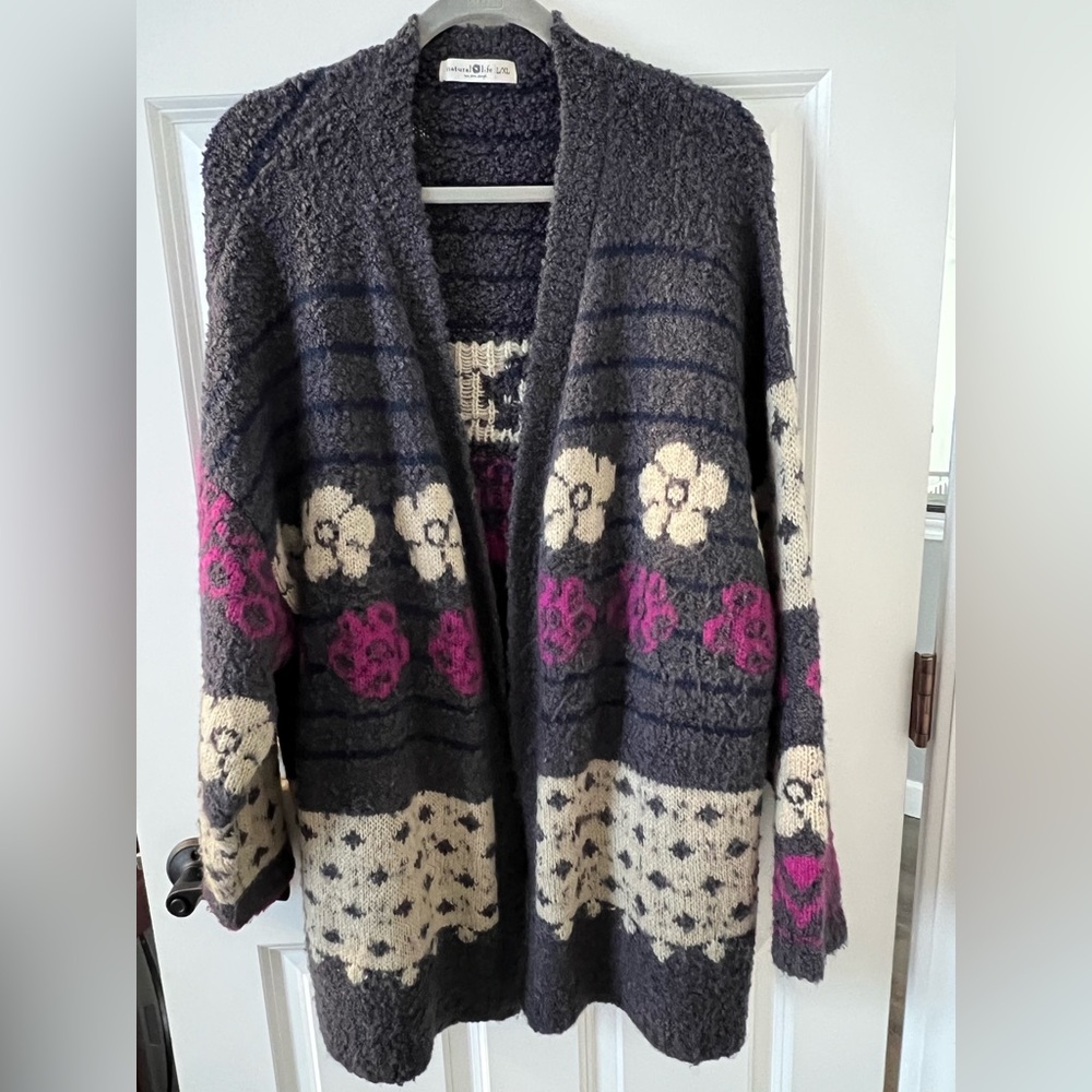 Natural Life Dark Gray Floral Cardigan with Pink and Cream Accents